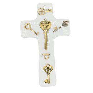 Artisan Crafted Hanging Ceramic Cross with Brass Keys Love Themed, upcycled